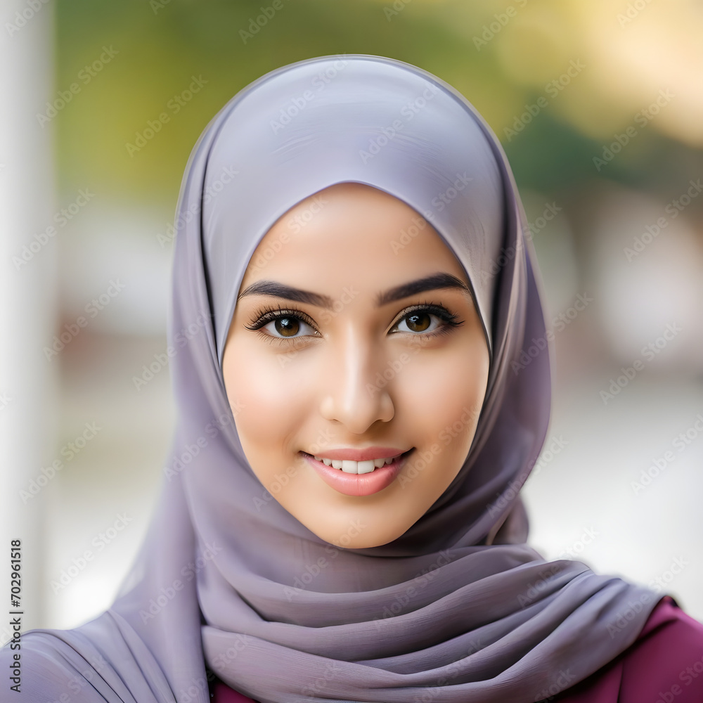 Smiling young women in traditional hijab and looking at camera while standing against blurred background