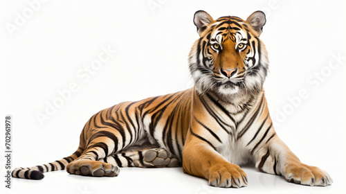 A tiger sitting frontal image photo white background
