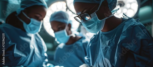 A diverse surgical team saves a patient in a modern hospital, specializing in neurosurgery. photo
