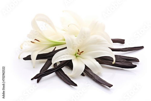 Vanilla pods and flowers on white background