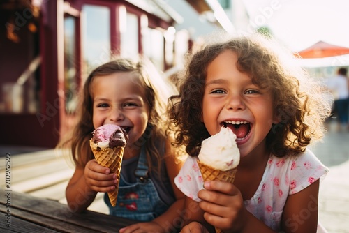 Young girls eating ice cream and laughing