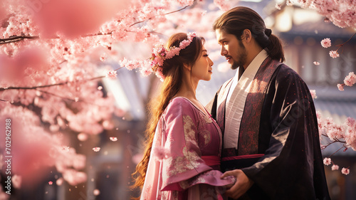 Young couple in traditional japanese kimono with sakura flowers photo