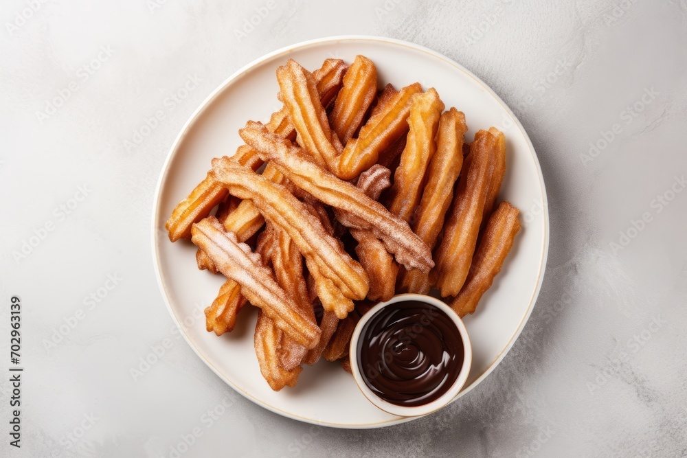 Top view of heap of traditional Spanish dessert churros on the plate with chocolate sauce Top view of heap of traditional Spanish dessert churros on the plate with chocolate sauce