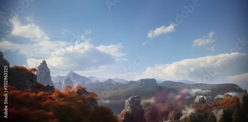 Step Into an Enchanted landscape: Majestic Peaks Silhouetted Against the blue Canvas of the day Sky - Epic fantasy landscape - Vibrant sky, valleys and hills 