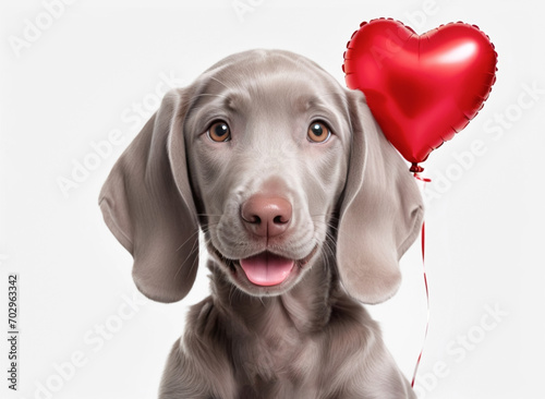 Portrait of Weimaraner with big smile on a white background. Greeting card. Valentine s Day. Birthday.