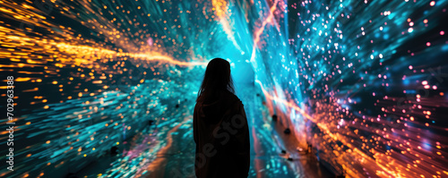 An awe-inspiring image of a person watching a 3D projection mapping show, capturing the wonder and excitement of immersive visual experiences. photo