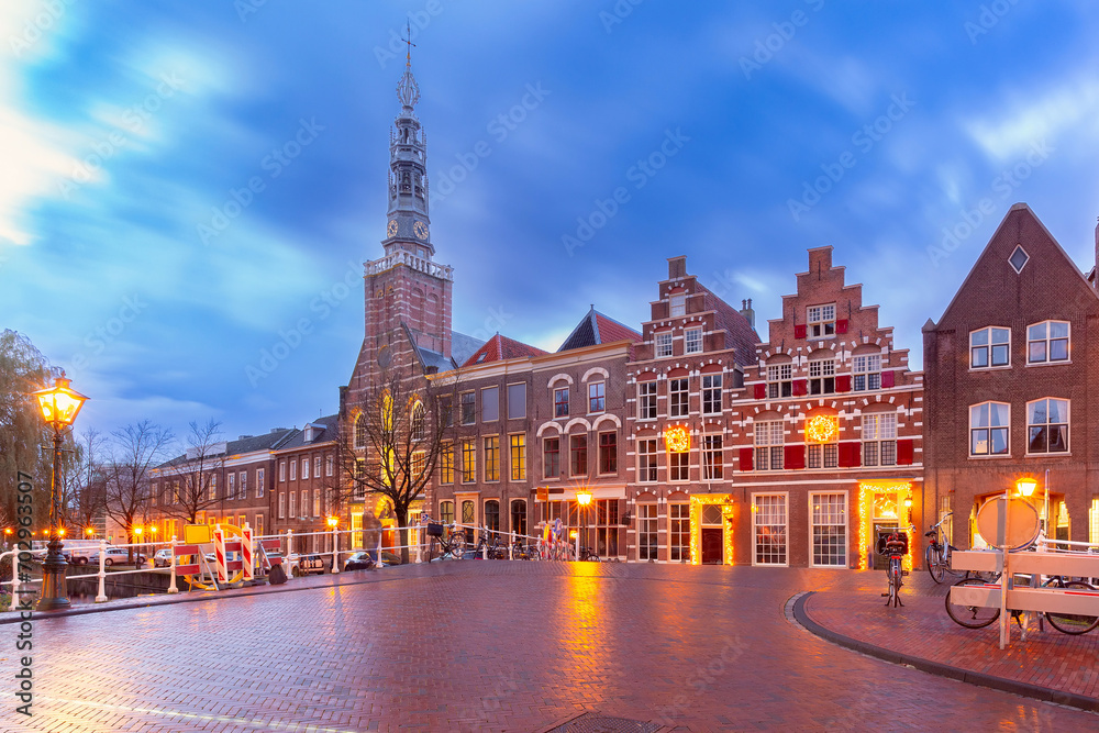 Obraz premium St Louis Church at the Steenschuur in Leiden during blue hour, Holland, Netherlands