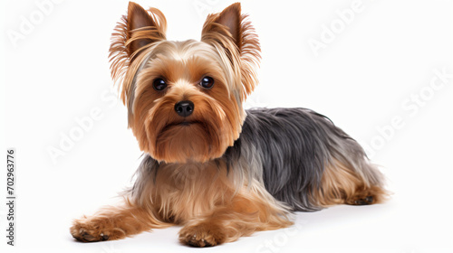 A Yorkshire Terrier dog sitting photo white background