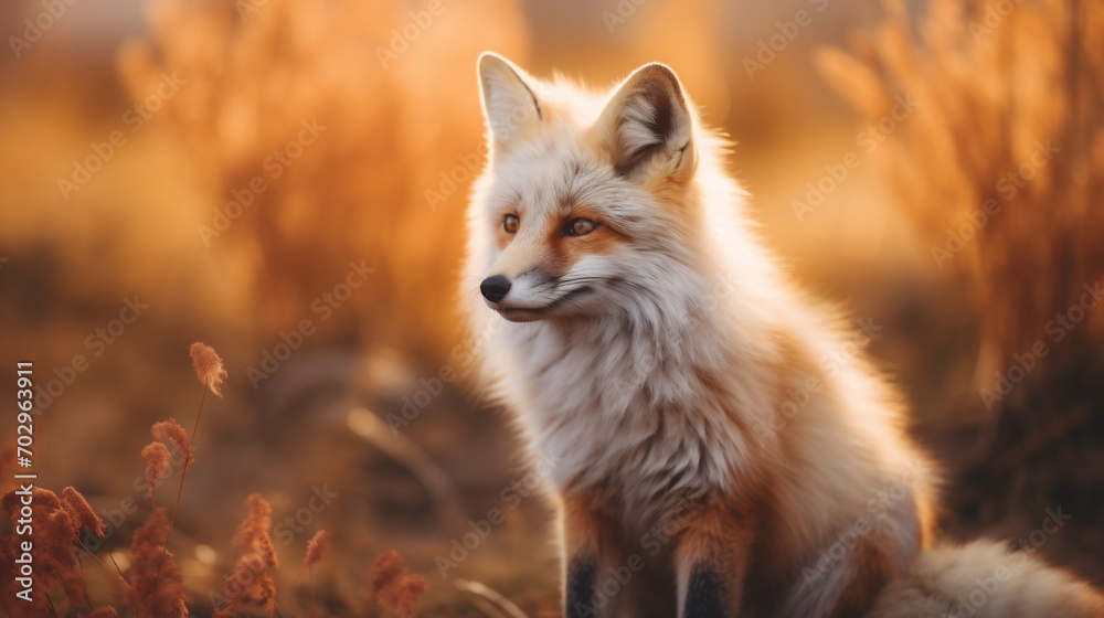 Close up photo of a cute red fox sitting in grass with bokeh orange background. For postcard, card, banner, wallpaper, poster.