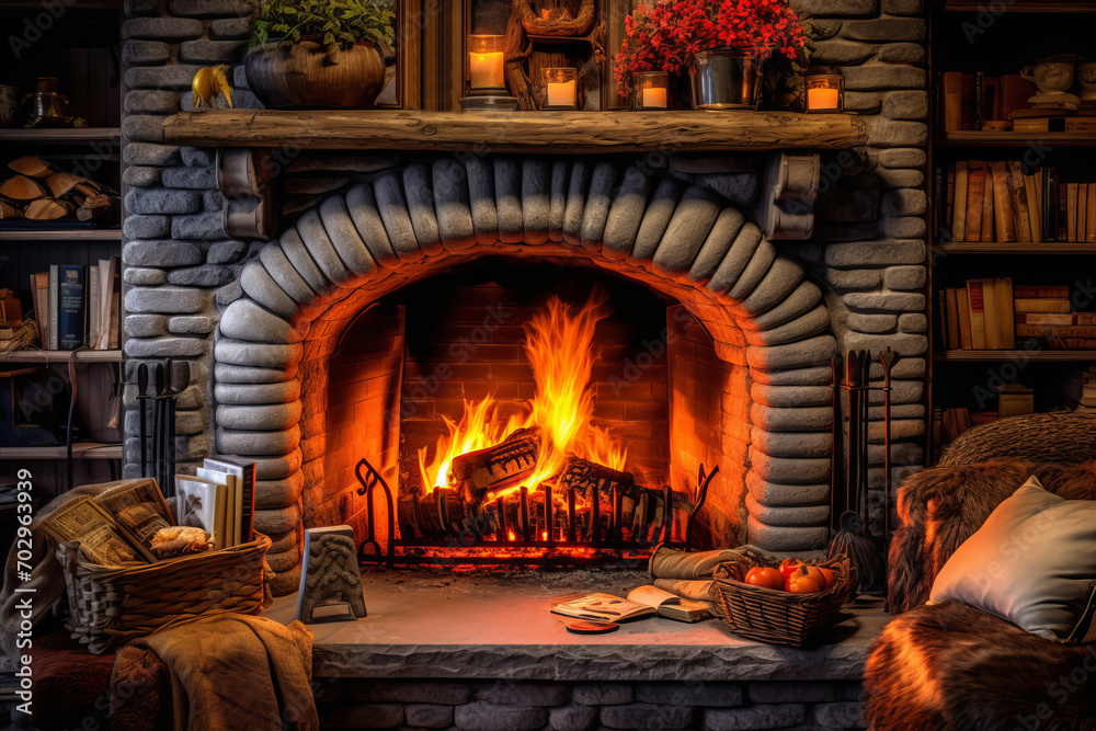 Comfortable fireplace with wood crackling in it. Nearby are bookshelves, furniture and a blanket. Comfortable fireplace with wood crackling in it. Nearby are bookshelves, furniture and a blanket.