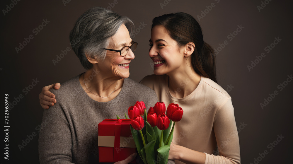 Young woman is presenting a gift box and a bouquet of red tulips to her mother Young woman is presenting a gift box and a bouquet of red tulips to her mother