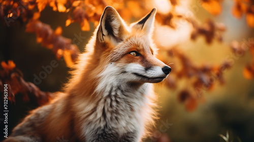 Close up photo of a cute red fox looking sideways in bokeh background. For postcard, banner, wallpaper, poster. © Milan