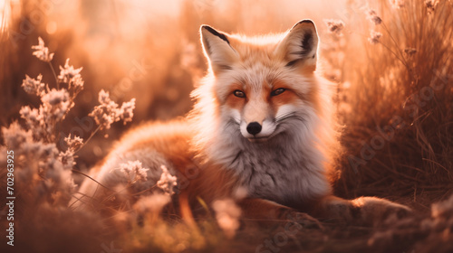 Close up photo of a cute red fox sitting with bokeh background. For postcard, banner, wallpaper, poster.