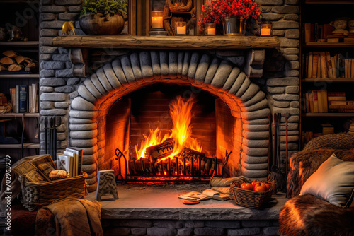 Comfortable fireplace with wood crackling in it. Nearby are bookshelves, furniture and a blanket.