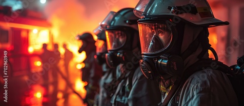 Firefighters in protective gear preparing for action.