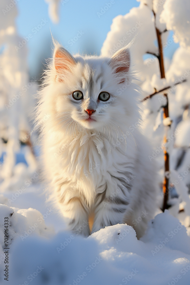 a white fluffy cat on a walk in winter in the snow, frost