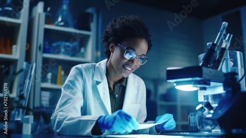 Confident female scientist with glasses is smiling at the camera, standing in a laboratory with a microscope and other scientific equipment in the background.