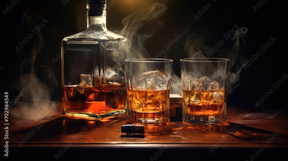 two glasses and bottle of whiskey on a wooden table two glasses and bottle of whiskey on a wooden table
