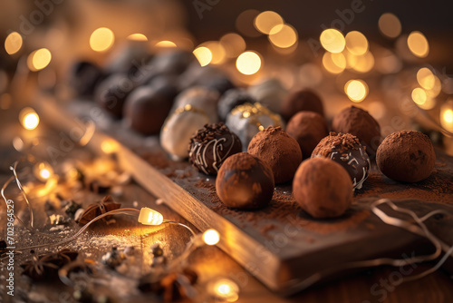 Warm Brown Christmas Truffles Display with Glowing Lights