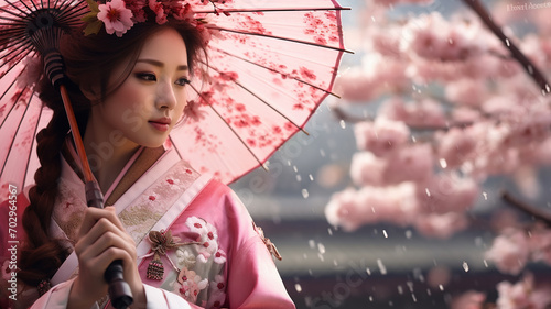 beautiful asian kimono woman with umbrella and cherry blossom