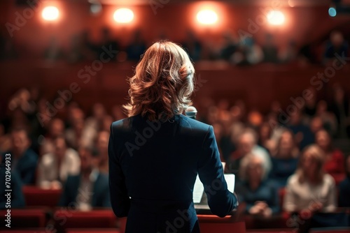 A confident woman in a sleek suit commands the attention of a captivated audience at an indoor convention, her poised human face framed by the microphone as she speaks passionately about clothing and