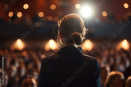 A confident woman captivates a packed audience with her powerful voice and striking appearance as she performs at a vibrant music concert, adorned in stylish clothing and commanding the attention of  photo