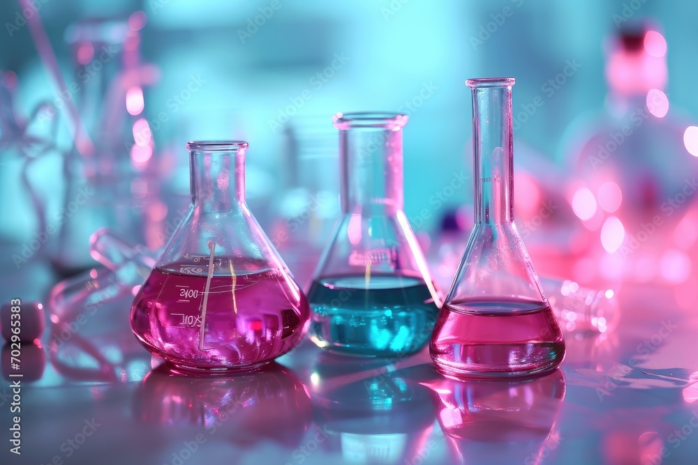 Vibrant liquids encased in glass beakers await experimentation in a modern laboratory setting, evoking a sense of scientific curiosity and discovery Vibrant liquids encased in glass beakers await experimentation in a modern laboratory setting, evoking a sense of scientific curiosity and discovery