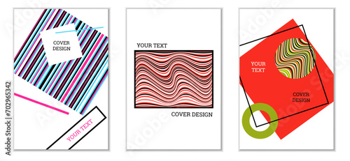 Geometric cover design, set of 3 covers. Abstract unusual background in Memphis style. Bright geometric shapes in random order