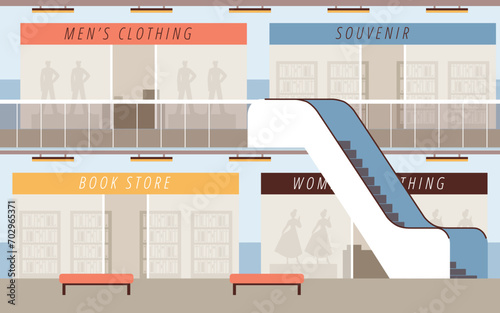 Empty shopping mall or supermarket aisle with escalator, retail with many shops book store, souvenir, clothing vector