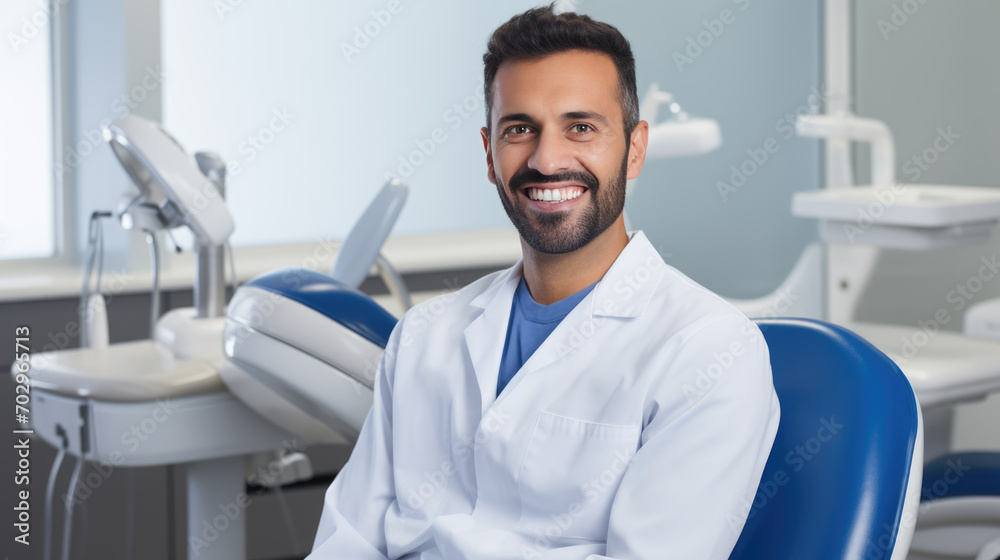 Cheerful dentist man wearing a lab coat standing in a dental clinic with a dental chair and equipment in the background.