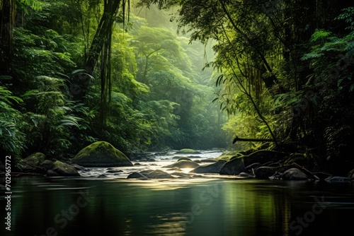 Beautiful nature of green forest with river flowing through the jungle, Lush rainforest and rivers in summer, rainforest covered by green trees, AI Generated