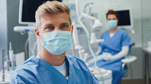 Cheerful dentist man wearing a lab coat standing in a dental clinic with a dental chair and equipment in the background.