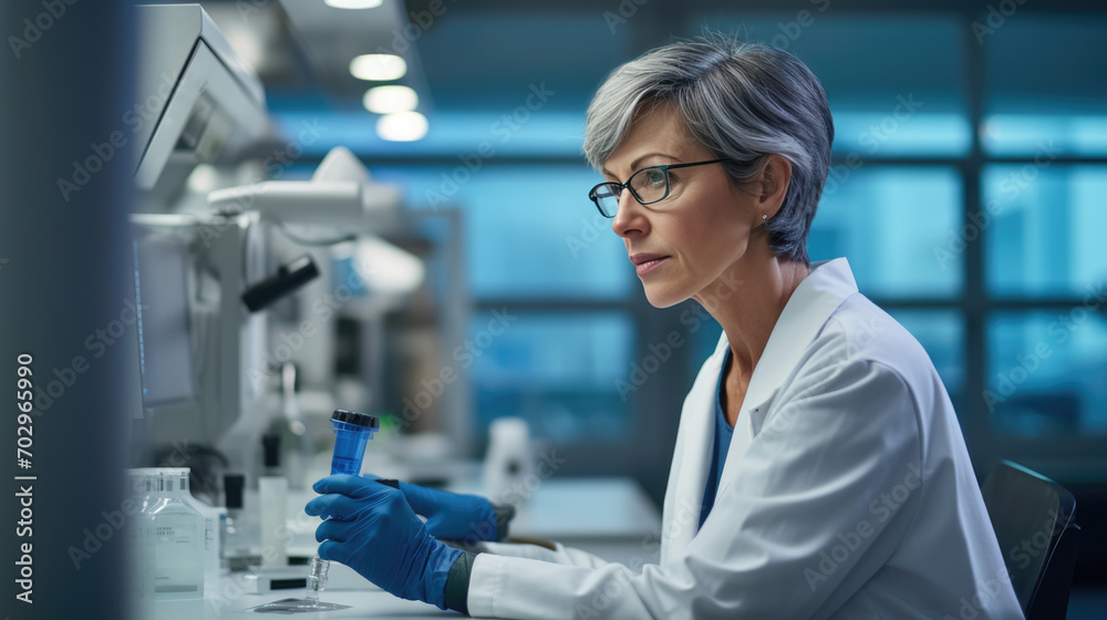 Focused scientist using a pipette in a laboratory setting with a microscope and test tubes visible, indicating research or experimentation. Focused scientist using a pipette in a laboratory setting with a microscope and test tubes visible, indicating research or experimentation.