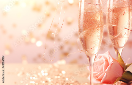 Two flute glasses with sparkling champagne pink roses on golden background with golden bokeh lights confetti glitter. Valentine's day celebration concept