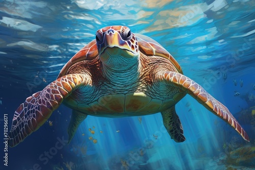 Green Sea Turtle Chelonia mydas swimming in the ocean, Portrait of a happy sea turtle swimming underwater, AI Generated