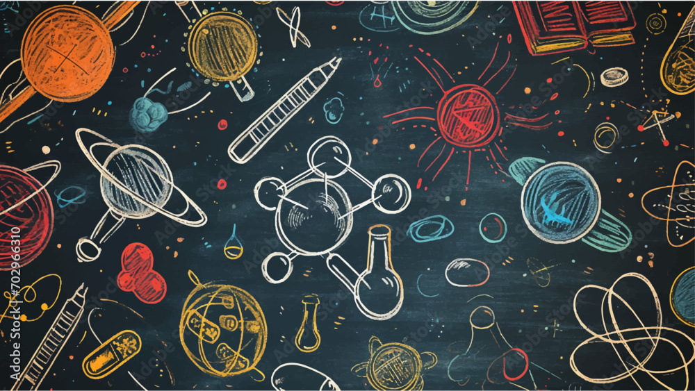 Blackboard inscribed with scientific, physics and chemistry images. - obrazy, fototapety, plakaty 