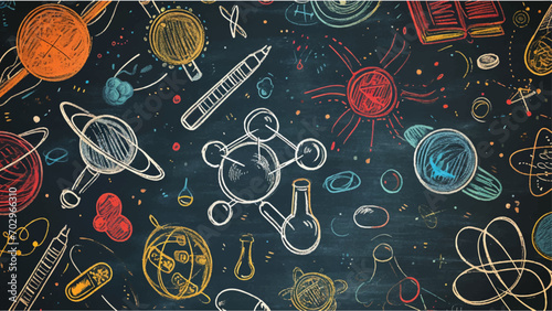 Blackboard inscribed with scientific, physics and chemistry images. photo