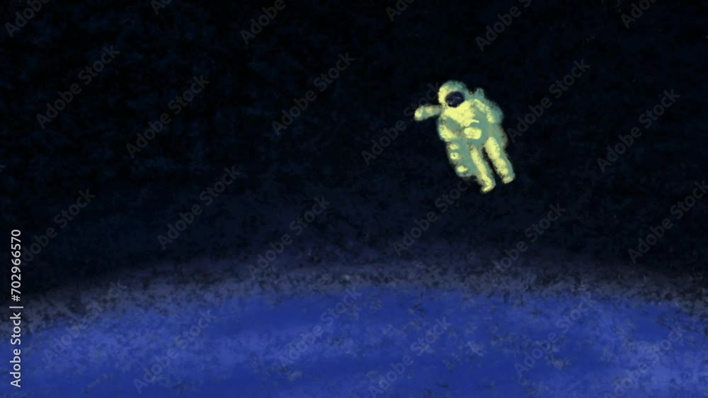 Hand drawn animation of astronaut drifting in open space. Loneliness ...