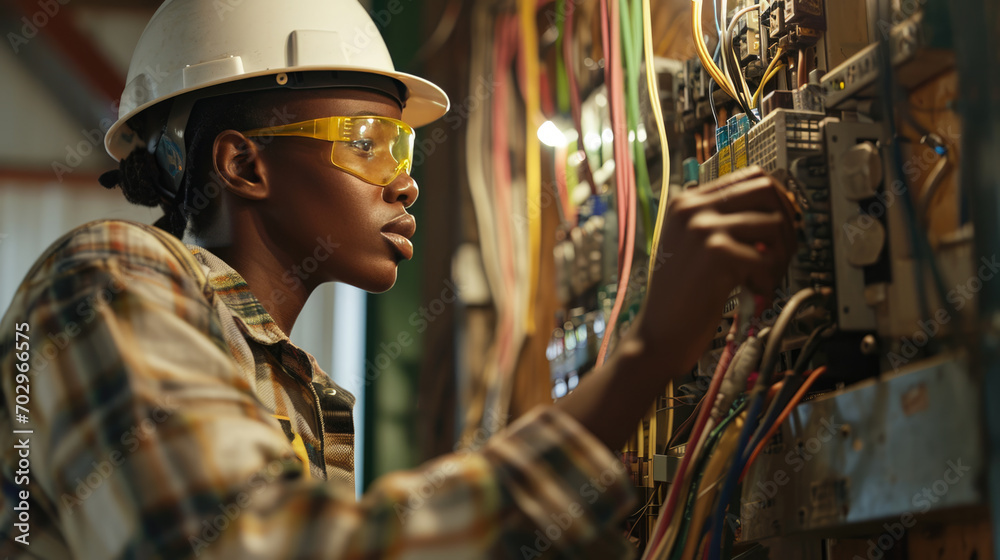 A focused female electrician in a yellow safety helmet meticulously works on a complex electrical panel