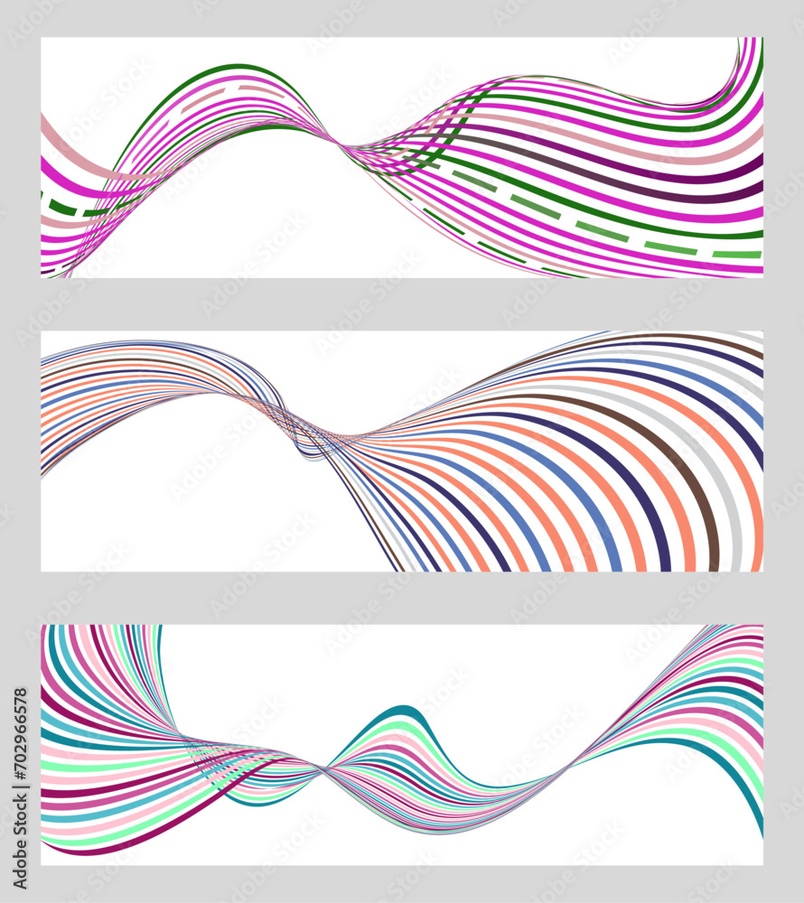 Wavy lines or ribbons. Set of 3 backgrounds. Multicolored striped gradient. Creative unusual background with abstract gradient wave lines to create a trendy banner, poster. vector eps Wavy lines or ribbons. Set of 3 backgrounds. Multicolored striped gradient. Creative unusual background with abstract gradient wave lines to create a trendy banner, poster. vector eps