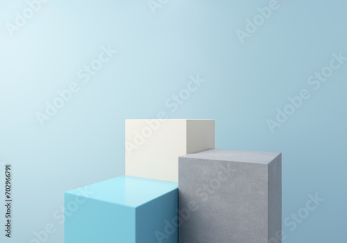 3D rendering of white, blue and concrete pedestal stand for display. Abstract minimal scene for products showcase. Empty podium, Product presentation, Mock up, Podium, Show cosmetic product.