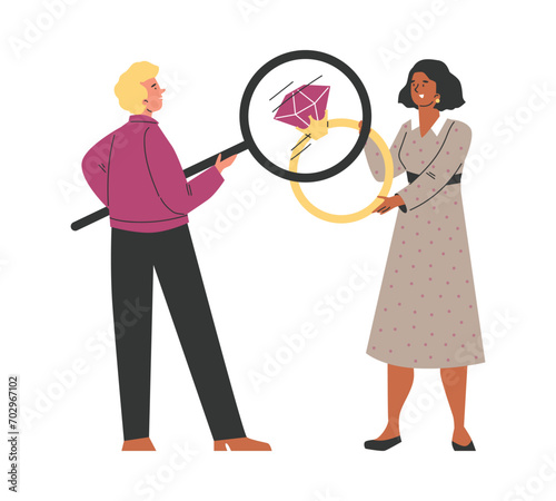 Estimating the value of jewelry in pawnshop flat vector illustration isolated.