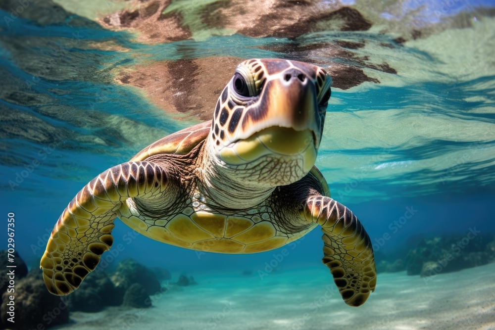 Obraz premium Hawaiian Green Sea Turtle Chelonia mydas, Portrait of a happy sea turtle swimming underwater, AI Generated