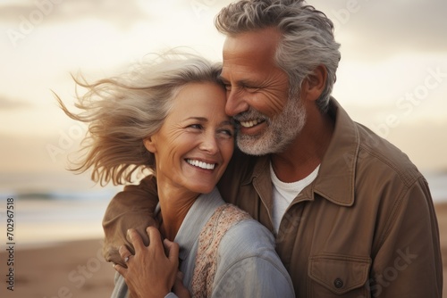 Portrait of a happy mature couple embracing on the beach at sunset, Joyful middle aged couple, a man and woman, sharing a loving hug on a beach, AI Generated photo