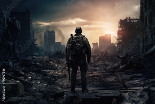 Man walking through the ruins of a ruined building in the city, Lone soldier walking in a destroyed city, AI Generated