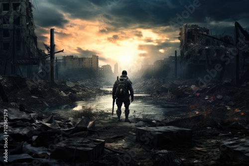 Man standing in the middle of the destroyed city. 3D rendering, Lone soldier walking in a destroyed city, AI Generated