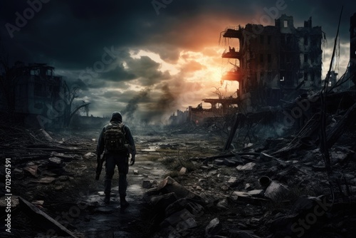 Silhouette of a special forces soldier standing in the middle of a destroyed city, Lone soldier walking in a destroyed city, AI Generated