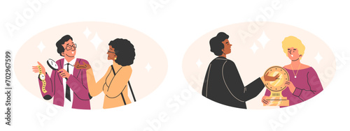 People sell or buy goods discussing price vector illustration set