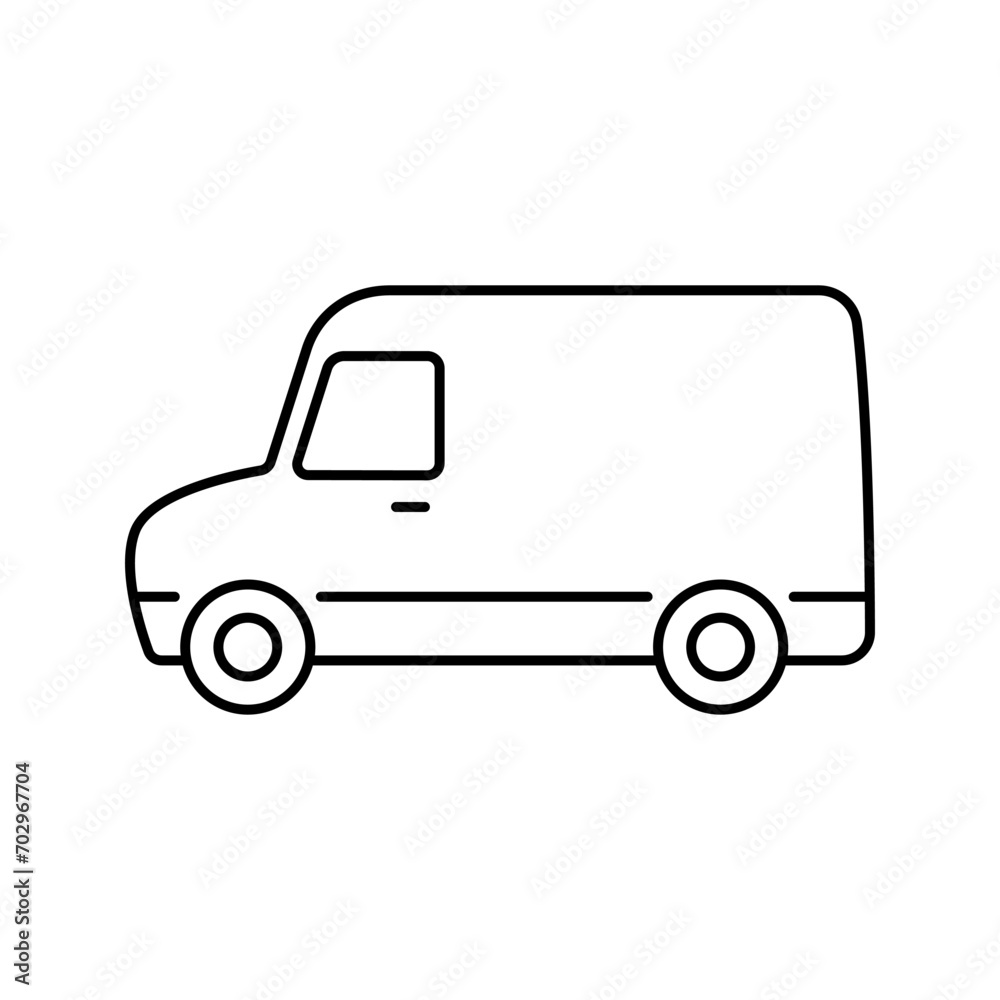 Van icon. Delivery truck. Black contour linear silhouette. Editable strokes. Side view. Vector simple flat graphic illustration. Isolated object on a white background. Isolate. Van icon. Delivery truck. Black contour linear silhouette. Editable strokes. Side view. Vector simple flat graphic illustration. Isolated object on a white background. Isolate.