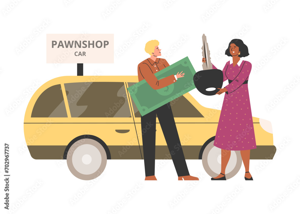 Female bring car key to Pawnshop, customers buy and sell second hand automobile and get cash vector illustration